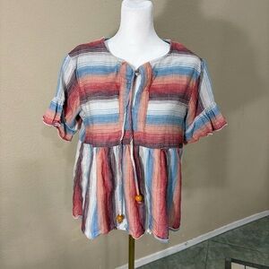 Warm by Tracy Feith Top Size 1 US S Striped T-Shirt 100% Cotton Boho Western EUC
